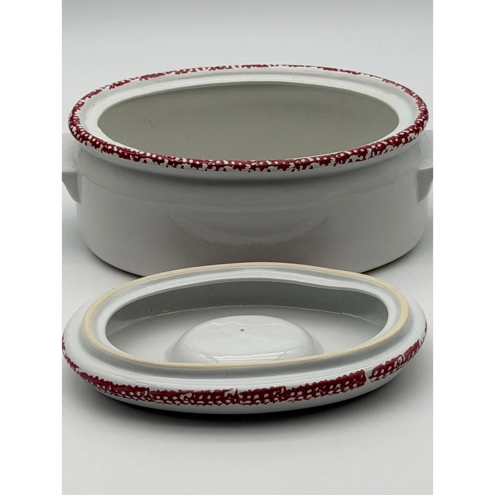 Vintage Apple Basket Oval Ceramic Casserole Dish with Lid Red Spongeware Trim